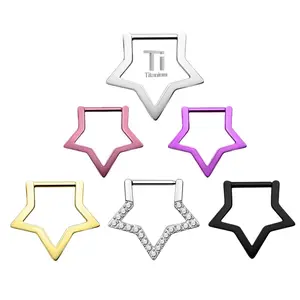 OUFER Nose Ring Jewelry, 14G-16G Titanium Chunky Plain Star Clicker, 8mm Inner Diameter, Unisex Septum Daith Piercing Accessory, Silver Gold Black Daily Wear Body Jewelry